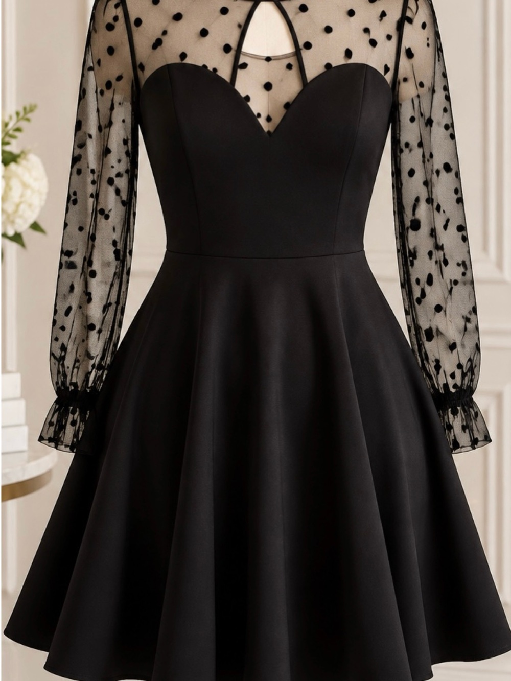 SHEIN Black Polka-Dot Mesh Sleeve Fit-and-Flare Mini Dress